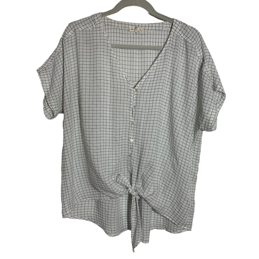 Jane & Delancey Anthropologie Womens Size L White Black Grid Print Tie Front Top
